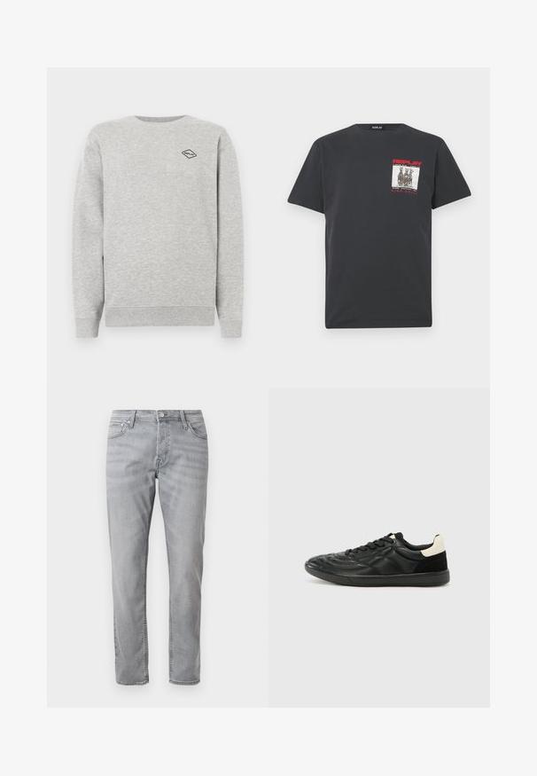 Sweatshirt gris en mélange de coton, avec un col rond et des poignets côtelés. Un petit logo en forme de diamant noir est brodé sur la poitrine.; T-shirt en coton noir à manches courtes, présentant une impression graphique carrée en gris et rouge sur le côté gauche de la poitrine, étiquetée "REPLAY WIDE AWAKE."; Jean droit gris clair avec fermeture éclair, poches avant et arrière, et passants de ceinture, posé sur fond blanc.; ALDO THEPITCH - Baskets basses - black