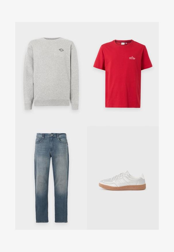Šedá mikina vyrobená z bavlneného zmesi, s okrúhlym výstrihom a rebrovanými manžetami. Malé čierne diamantové logo je vyšité na hrudi.; Pepe Jeans THIAGO TEE - Tričko s potlačou - rugby red; Svetlo modré džíny z denimu so strižením na rovno, dizajnom s piatimi vreckami, kovovým zapínaním a jemným vyblednutím na prednej strane.; Strieborné tenisky s hladkou textúrou, viazaním, perforovanými akcentmi a štruktúrovanou hnedou gumovou podrážkou.