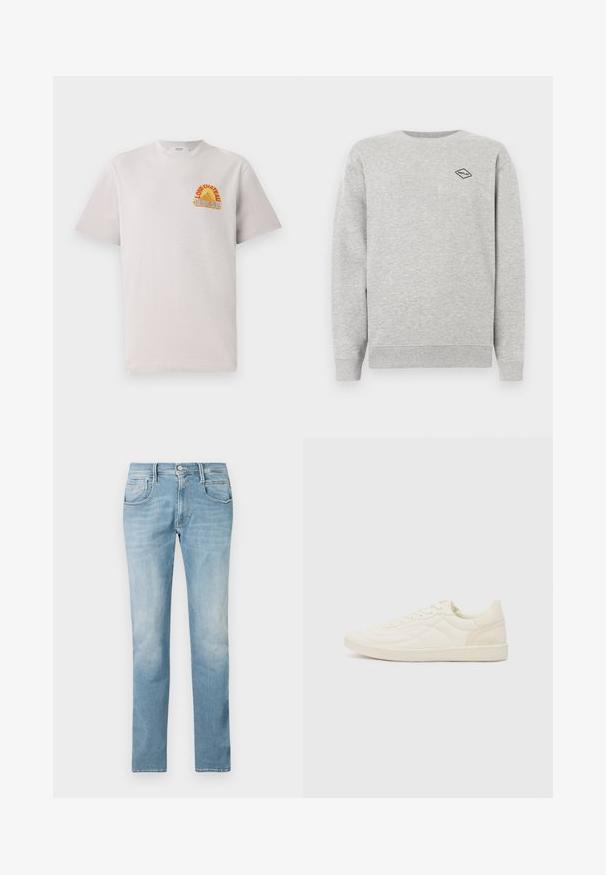 Grauer Sweatshirt aus Baumwollmischung, mit Rundhalsausschnitt und gerippten Bündchen. Ein kleines schwarzes Diamantlogo ist auf der Brust gestickt.; Hellgraues Baumwoll-T-Shirt mit Rundhalsausschnitt, das ein farbenfrohes "Lone Château Replay"-Grafikdesign in Orange und Blau auf der Brust zeigt.; Hellblaue Jeans aus Denim mit geradem Bein, fünf Taschen und einem gefragten Finish. Verfügt über einen vorderen Knopf- und Reißverschluss.; ALDO THEPITCH - Sneaker low - white
