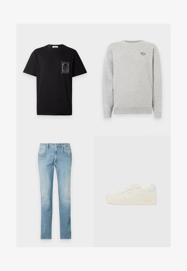 Grijze sweatshirt gemaakt van een katoenmix, met een ronde hals en geribbelde manchetten. Een klein zwart diamantlogo is geborduurd op de borst.; Zwarte katoenen t-shirt met korte mouwen, voorzien van een grafische print op de linkerborst en een kleine rode accent nabij de halslijn.; Lichtblauwe denim jeans met een rechte pijp ontwerp, vijf zakken en een vervaagde afwerking. Voorzien van een voorste knoop- en ritssluiting.; Lage witte sneaker met veters aan de voorkant, dikke zool en subtiele "REPLAY" branding op de zijkant en hiel, getoond in profiel.