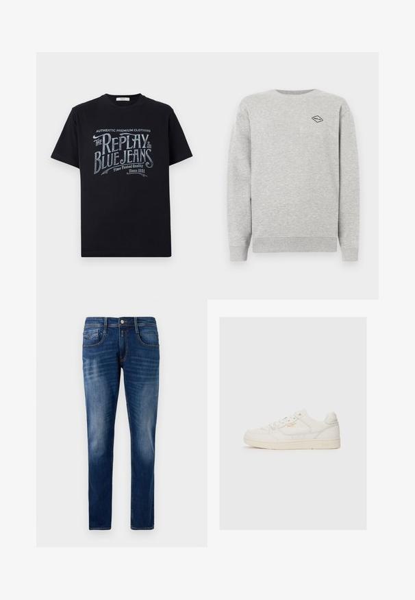 Grauer Sweatshirt aus Baumwollmischung, mit Rundhalsausschnitt und gerippten Bündchen. Ein kleines schwarzes Diamantlogo ist auf der Brust gestickt.; Schwarzes Baumwoll-T-Shirt mit kurzen Ärmeln und rundem Halsausschnitt, mit einem grafischen Textdesign im Vintage-Stil in Weiß und hellblau auf der Vorderseite.; Dunkelblaue Jeans aus Denim mit geradem Schnitt, fünf Taschen, subtile Verblassung an den Beinen und gestickten Akzenten am Bund.; Weiße Leder-Sneaker mit glatter Textur, versehen mit perforierten Akzenten, Schnürung an der Vorderseite und einem subtilen Logo in Gold an der Seite.