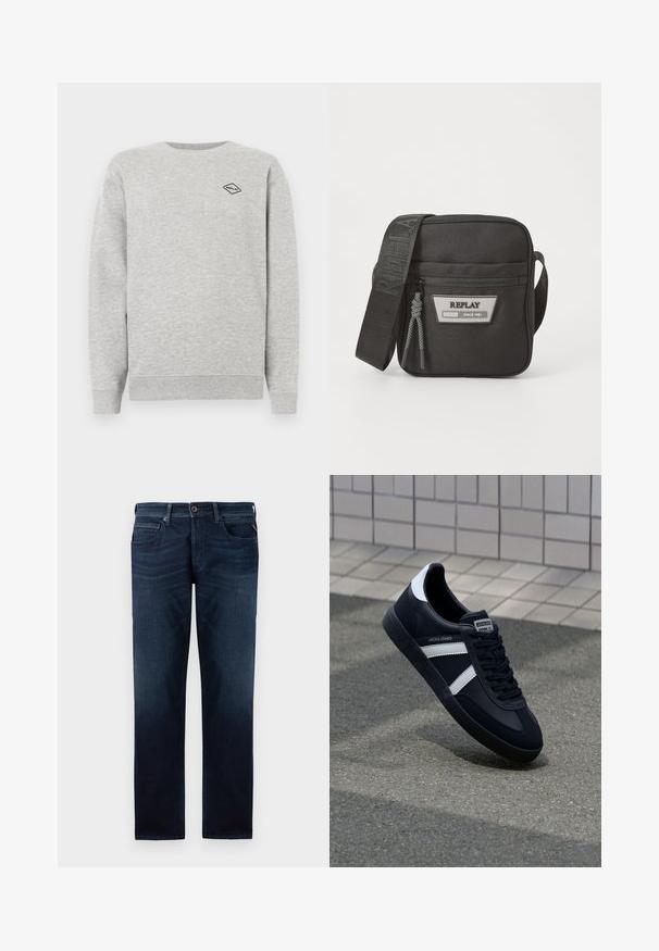 Grauer Sweatshirt aus Baumwollmischung, mit Rundhalsausschnitt und gerippten Bündchen. Ein kleines schwarzes Diamantlogo ist auf der Brust gestickt.; Dunkelblaue Jeans aus Denim mit geradem Bein, fünf Taschenstil und sichtbarem Knopfverschluss an der Taille. Glatte Textur.; Schwarze Leder-Sneaker mit weißen Streifen, strukturiertem Gummisohle und Schnürung. Verfügt über ein Markenetikett auf der Zunge.; Schwarze Stoff-Crossbody-Tasche mit verstellbarem Schulterriemen, Reißverschluss, Logo-Patch auf der Vorderseite und geflochtenen Akzenten. Kompakte rechteckige Form.