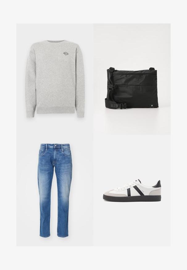 Grauer Sweatshirt aus Baumwollmischung, mit Rundhalsausschnitt und gerippten Bündchen. Ein kleines schwarzes Diamantlogo ist auf der Brust gestickt.; Hellblaue Jeans aus Denim mit geradem Bein, fünf Taschen, dezentem Verblassen und einem normalen Bund mit Knopfverschluss.; Weiße Sneaker mit schwarz- und grau-aczenten, ausgestattet mit einer strukturierten grauen Zehenkappe, schwarzer Gummi-Sohle und flachen weißen Schnürsenkeln. Sauberes Design, minimalistische Stil.; Schwarze Nylon-Umhängetasche mit verstellbarem Riemen, flachem Design und seitlichem Etikett mit Logo. Glatte Textur und minimalistischer Stil.