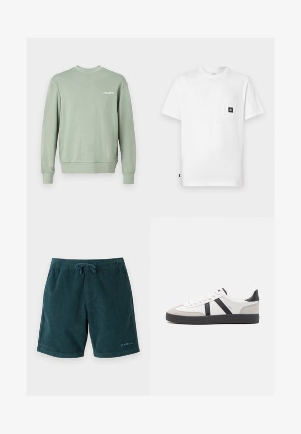 Lys grøn sweatshirt lavet af blødt stof, med rund hals, lange ærmer, ribbede manchetter og "Club1990" trykt på brystet.; Hvid bomulds T-shirt med rund halsudskæring, korte ærmer og en brystlomme med en sort logopatch. Glat tekstur, løs pasform.; Mørkegrønne kordfløjsbadetights med elastisk talje og snøre. Har logo på den nederste højre ben. Glat tekstur, knælangt design.; Hvide sneakers med sorte og grå detaljer, med en tekstureret grå tåhætte, sort gummisål og flade hvide snørebånd. Rent design, minimalistisk stil.