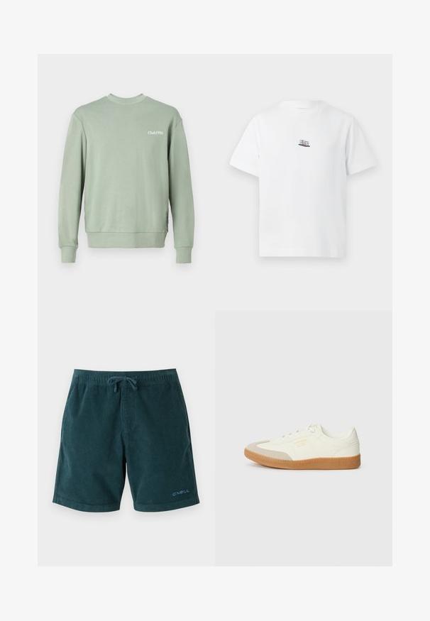 Lichtgroen sweatshirt gemaakt van zachte stof, met een ronde hals, lange mouwen, geribde manchetten en "Club1990" bedrukt op de borst.; Witte T-shirt met korte mouwen en een kleine zwarte, rode en witte Newtonschommelafbeelding in het midden van de borst.; Donkerblauwe corduroy zwembroek met een elastische tailleband en trekkoord. Bevat een logo op het rechteronderbeen. Glad oppervlak, knielange pasvorm.; Schoen gemaakt van wit leer met een beige teenkap en een lichtbruine rubberen zool. Voorzien van platte witte veters en reliëfbranding aan de zijkant.
