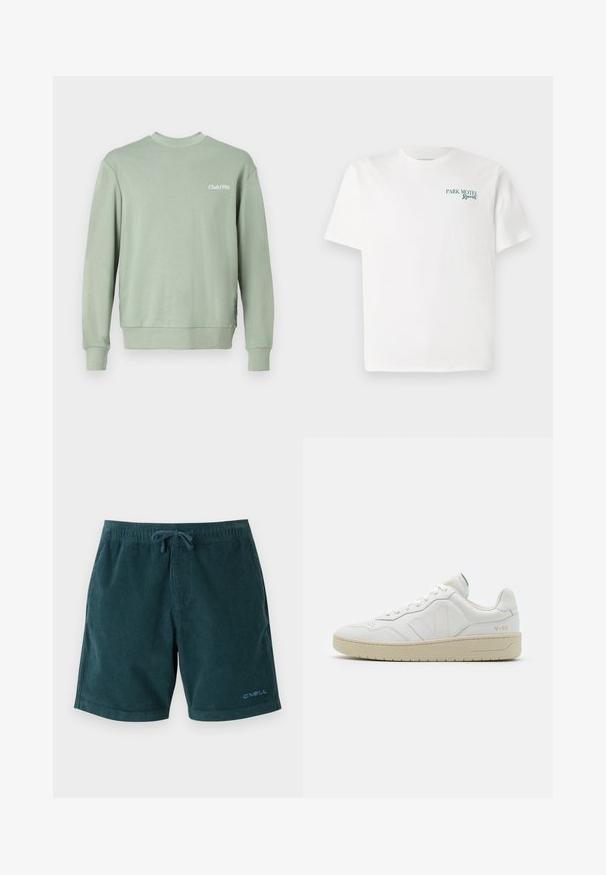 Lys grøn sweatshirt lavet af blødt stof, med rund hals, lange ærmer, ribbede manchetter og "Club1990" trykt på brystet.; Hvid bomulds t-shirt med rund hals. Foran står der grøn tekst: "PARK MOTEL Resort." Kortærmede og med en afslappet pasform. Glat tekstur.; Mørkegrønne kordfløjsbadetights med elastisk talje og snøre. Har logo på den nederste højre ben. Glat tekstur, knælangt design.; Hvide lædersneakers med struktureret overflade og polstret krave. Har en beige gummisål og diskret branding på hælen og siden.