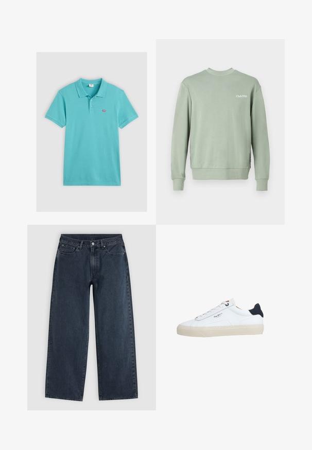 Sweatshirt vert clair en tissu doux, avec un col ras du cou, des manches longues, des poignets côtelés et "Club1990" imprimé sur la poitrine.; T-shirt polo turquoise en coton, avec un col, trois boutons et un petit logo Levi's rouge sur la poitrine.; Jean bleu foncé à jambes larges avec cinq poches, passants pour ceinture, fermeture par bouton et braguette zippée, présenté à plat sur un fond clair.; Baskets basses blanches avec semelle beige, lacets blancs, languette de talon noire et logo "Pepe Jeans London" sur le côté.