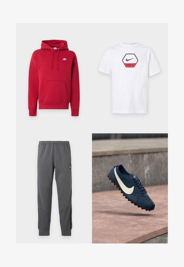 Rode Nike hoodie met voorzak (kangaroo pocket), verstelbare trekkoorden en wit Nike-logo op de linkerborst.; Witte Nike T-shirt met korte mouwen met een rood-zwart hexagonaal logo met de Nike-swoosh en merknaam op de borst.; Grijze sweatpants van zacht materiaal met een elastische tailleband, taps toelopende benen, zijpanelen en een ronde logo patch.; Blauwe Nike sportschoen met wit swoosh-logo, zwarte noppenzool en veters, zwevend boven een stenen oppervlak.