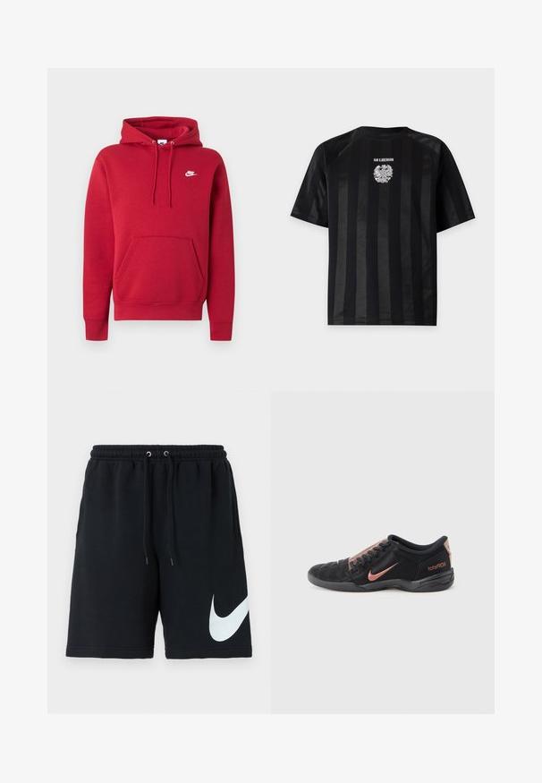 Rode Nike hoodie met voorzak (kangaroo pocket), verstelbare trekkoorden en wit Nike-logo op de linkerborst.; Zwarte T-shirt met korte mouwen met subtiele verticale strepen en een wit embleem met een dubbelkoppige adelaar en de tekst "HAN KJØBENHAVN" op de borst.; Zwarte katoenen shorts met een elastische tailleband, koord, zijzakken en een groot wit Nike-logo gedrukt aan de linkerkant.; Zwart en koperkleurig laaggesneden Nike Total90 III voetbalschoen met veters en een gestructureerde zool, zijaanzicht op een witte achtergrond.