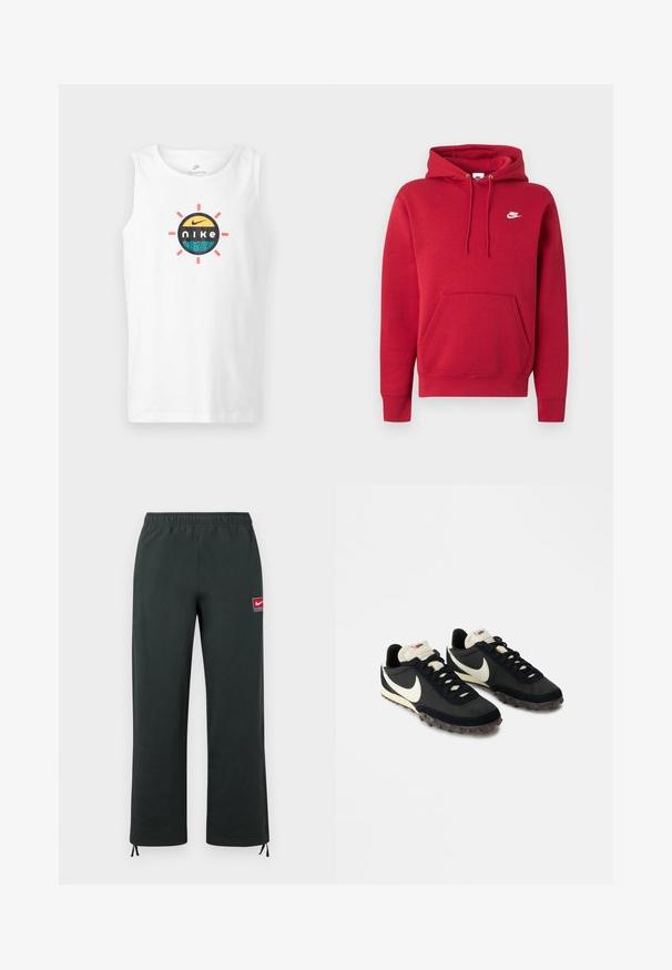Červená mikina Nike s predným klokanie kapsou, nastaviteľnou kapucňou so šnúrkou a bielym logom Nike na ľavej strane hrudníka.; Biela bezrukávová bavlnená tielko s okrúhlym viacfarebným logom Nike s dizajnom slnečného lúča a živými akcentmi.; Tmavozelené nohavice Nike s elastickým pásom, rovnými nohavicami, malou červeno-bielou nášivkou s logom Nike na stehne a nastaviteľnými sťahovacími šnúrkami na manžetách.; Čierne športové topánky s textúrovaným zvrškom, bielym logom Swoosh a gumovou podrážkou s malými hrotmi pre lepšiu trakciu. Krémový golier.