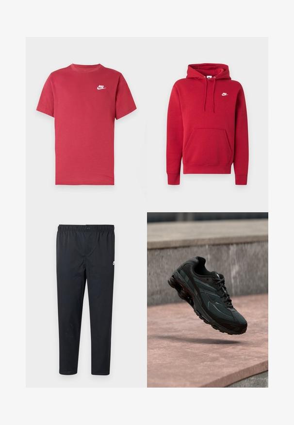 Κόκκινο φούτερ Nike με μπροστινή τσέπη καγκουρό, ρυθμιζόμενο σκουφάκι με κορδόνι και λευκό λογότυπο Nike στο αριστερό στήθος.; Κόκκινο κοντομάνικο t-shirt της Nike με λευκό λογότυπο στο αριστερό στήθος, στρογγυλή λαιμόκοψη και απλό σχέδιο σε ουδέτερο φόντο.; Μαύρο αθλητικό παντελόνι με ελαστική μέση και κλείσιμο με κουμπί, με μικρό λευκό λογότυπο Nike στο πάνω αριστερό μηρό.; Μαύρο αθλητικό παπούτσι με ορατή μεσαία σόλα αέρα που αιωρείται πάνω από μια ροζ πέτρινη επιφάνεια με φόντο ένα γκρι πέτρινο τοίχο.