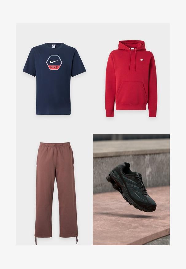 Rdeč Nike pulover s kapuco z žepom kenguru spredaj, nastavljivo kapuco na vrvico in belim Nike logotipom na levem prsnem delu.; Temno modra majica Nike z kratkimi rokavi, okroglim izrezom in šestkotnim logotipom, ki na sprednji strani vsebuje belo kljukico in rdeč napis "NIKE".; Rjave hlače z elastičnim pasom, narejene iz mehkega blaga, s stranskimi žepi in nastavljivimi vrvicami na koncih nogavic za prilagojeno prileganje.; Črn atletski športni copat z vidno srednjo podplatom z zračno blazino, ki lebdi nad rožnato kamnito površino z ozadjem sive kamnite stene.