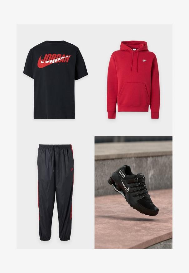 Sweat à capuche rouge Nike avec poche kangourou à l'avant, capuche réglable avec cordon et logo Nike blanc sur le côté gauche de la poitrine.; T-shirt noir à manches courtes avec un grand logo Jordan Air rouge et blanc sur la poitrine.; Pantalon de jogging noir Nike avec des bandes rouges sur les côtés, taille élastique à cordon de serrage et poignets élastiques.; Chaussure de running Nike Shox noire avec logo swoosh blanc, en l'air au-dessus d'une surface en béton rosée devant un mur en pierre gris.
