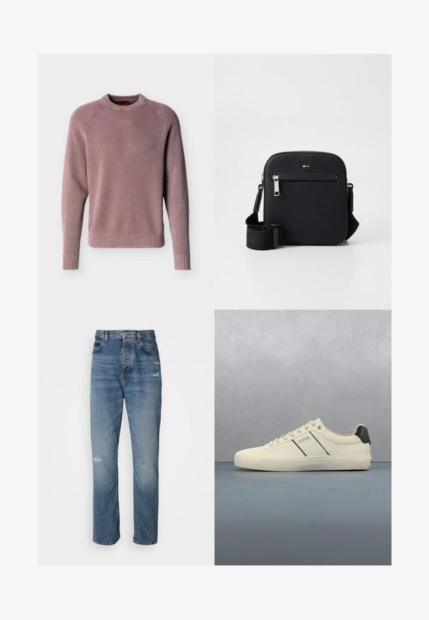 Pull en maille rose poussiéreuse avec col rond, poignets et ourlet côtelés, présentant un tissage texturé et le logo "HUGO" en relief sur la poitrine.; Jean en denim bleu clair au design droit, avec une fermeture à bouton et zip, cinq poches et des détails usés près des genoux.; Baskets de couleur crème avec une texture lisse, dotées d'accents et de marquage noirs. Design classique à lacets avec un bout rond et une semelle en caoutchouc.; Sac bandoulière en cuir noir avec une texture lisse, doté d'une poche zippée à l'avant, d'une sangle réglable et d'un design carré élégant.
