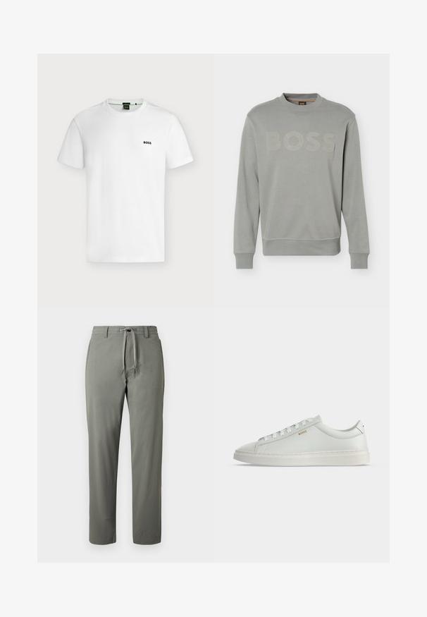 Hellgrauer Langarm-Sweatshirt mit Rundhalsausschnitt, gerippten Bündchen und Saum, geprägtem "BOSS"-Logo auf der Brust und kleinem Nackenetikett.; Schlichtes weißes T-Shirt mit kurzen Ärmeln und kleinem schwarzen "BOSS"-Logo auf der linken Brust, vor hellem Hintergrund gezeigt.; Herren-Hose in Olivgrün mit geradem Bein, Kordelzugbund und Gürtelschlaufen, präsentiert vor schlichter Hintergrund.; Weißer Leder-Sneaker in niedriger Ausführung mit Schnürsenkeln, flacher Sohle und kleinem goldfarbenem "BOSS" Logo an der Seite, von der Außenseite betrachtet.