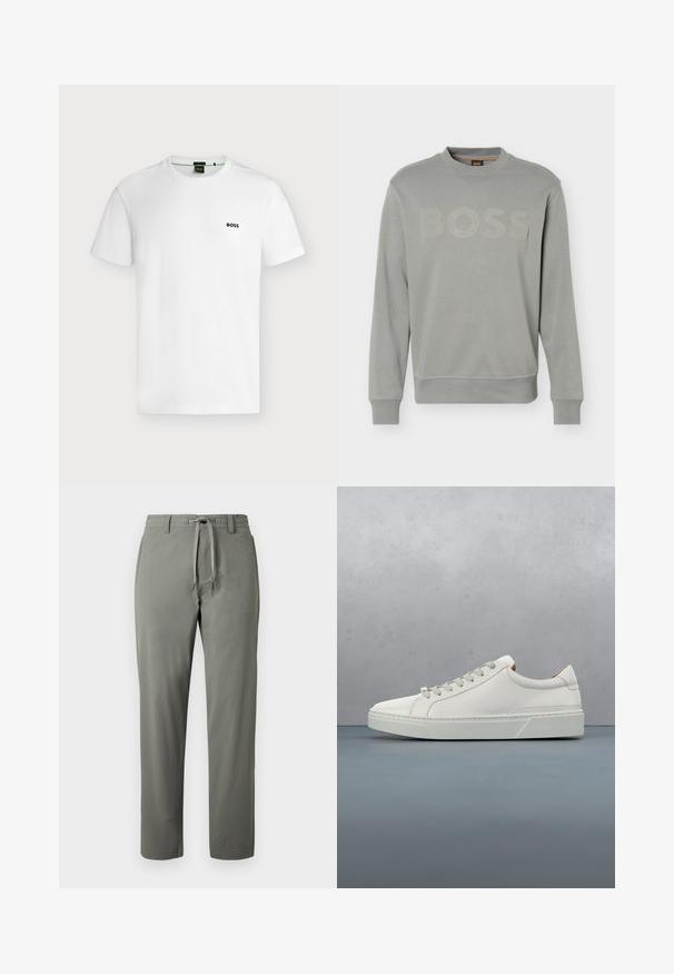 Hellgrauer Langarm-Sweatshirt mit Rundhalsausschnitt, gerippten Bündchen und Saum, geprägtem "BOSS"-Logo auf der Brust und kleinem Nackenetikett.; Schlichtes weißes T-Shirt mit kurzen Ärmeln und kleinem schwarzen "BOSS"-Logo auf der linken Brust, vor hellem Hintergrund gezeigt.; Herren-Hose in Olivgrün mit geradem Bein, Kordelzugbund und Gürtelschlaufen, präsentiert vor schlichter Hintergrund.; Weißes Leder-Sneaker mit abgerundetem Zehenbereich, minimalistisches Design, graue Schnürsenkel und einer strukturierten grauen Gummisohle. Dezente Nähte sichtbar.
