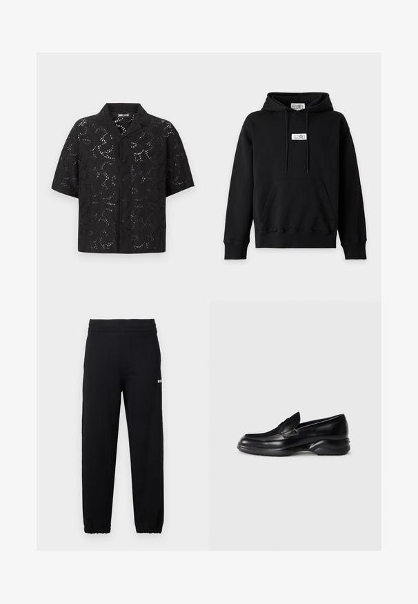 Sweat à capuche noir avec poche kangourou sur le devant, cordon de serrage à la capuche et étiquette rectangulaire blanche avec des chiffres centrés sur la poitrine et à l'intérieur du col.; Chemise noire à manches courtes avec motif floral en découpe et col classique, présentée sur un fond uni.; Pantalon de survêtement noir avec taille et poignets élastiques, arborant un petit logo blanc sur la partie supérieure de la cuisse gauche.; Mocassins en cuir noir avec une semelle en caoutchouc texturée et basse, et un design cousu sur le dessus. Présente une pointe arrondie et des embellissements minimaux.