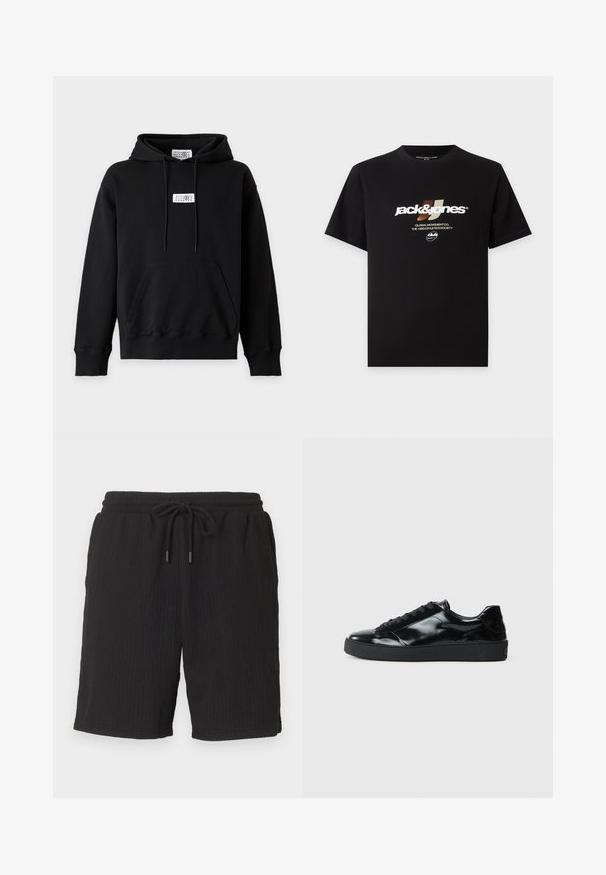 Sweat à capuche noir avec poche kangourou sur le devant, cordon de serrage à la capuche et étiquette rectangulaire blanche avec des chiffres centrés sur la poitrine et à l'intérieur du col.; T-shirt noir à manches courtes avec le logo "jack & jones" en blanc et beige, et un petit texte supplémentaire sous le logo au centre devant.; Shorts en maille côtelée noire avec ceinture élastique et cordon, coupe droite et poches latérales.; Baskets en cuir verni noir avec un bout arrondi, un laçage, une semelle en caoutchouc texturé et une finition lisse.