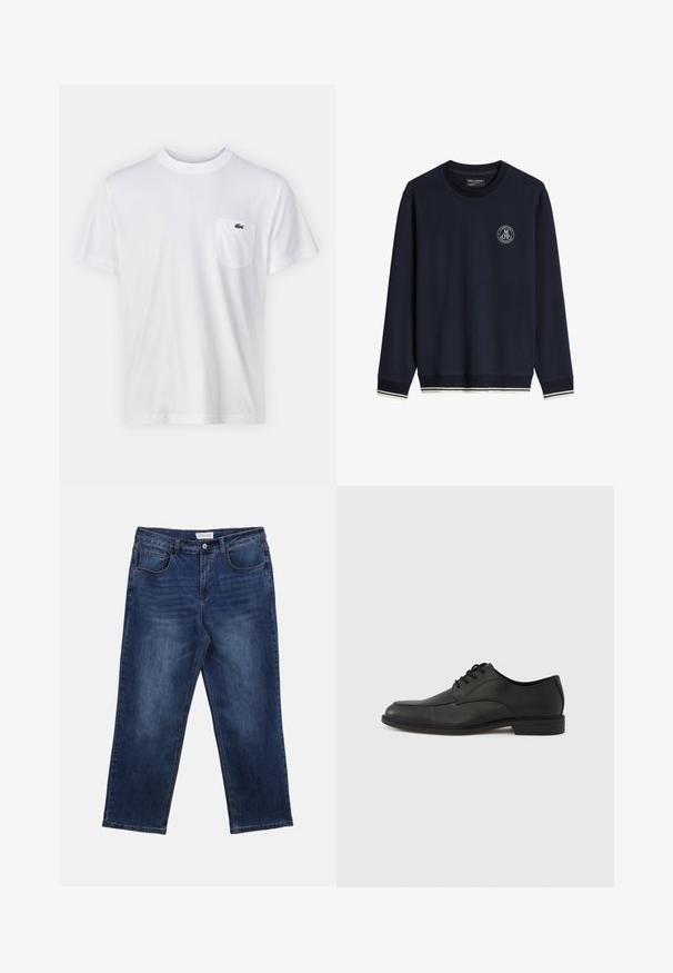 Marineblaues Sweatshirt mit langen Ärmeln, weißem Logo auf der linken Brust und weiß gestreiftem Abschluss an Bündchen und Saum.; Weißes Baumwoll-T-Shirt mit Rundhalsausschnitt und kurzen Ärmeln. Verfügt über eine linke Brusttasche und ein kleines grünes Lacoste-Logo.; Dunkelblaue Jeans mit geradem Bein, Vordertaschen und Knopfverschluss vor weißem Hintergrund.; Schwarzer Schnürschuh aus Leder mit glatter Oberfläche, abgerundeter Zehenkappe und niedrigem Gummihacken. Verfügt über dezente Nahtdetails am Obermaterial.