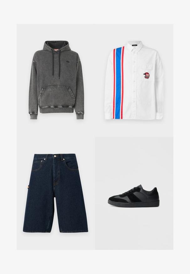 Grijze denim hoodie met een voorzak, zwarte trekkoorden en een subtiel logo op de borst. Voorzien van geribbelde manchetten en zoom.; Witte overhemden met een blauw-rood gestreept ontwerp aan één kant en een zwart geborduurd helm-embleem op de borstzak.; Donkerdenim shorts met een losse snit, vijf zakken en contrasterende oranje stiksels. Heeft een klassieke knoop- en ritssluiting.; Zwarte sneakers met een mix van glad leer en suède, een gestructureerde zwarte rubberen zool en subtiele streepdetails.