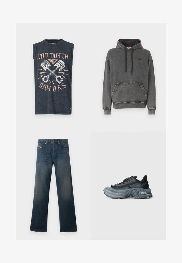 Hoodie en denim gris avec une poche avant, des cordons noirs et un logo discret sur la poitrine. Comprend des poignets et un ourlet côtelés.; Débardeur gris foncé avec des pistons croisés, des éclairs et le texte « Von Dutch 1929 Motors » en rose pâle et blanc.; Jeans en denim bleu au design à jambes droites, texture délavée, ourlet effiloché et détails usés sur la poche avant et la cuisse.; Baskets Diesel noires et grises avec semelle épaisse, système de laçage à bascule et design texturé sur fond gris clair uni.