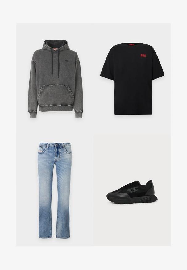 Grå denim-hoodie med frontlomme, sorte snore og en diskret logo på brystet. Har ribstrikkede manchetter og kant.; Sort T-shirt lavet af bomuld, med korte ærmer, rund halsudskæring og en rød "DIESEL"-logo på venstre brystområde.; Lyseblå denim jeans med lige ben-design, der har frontlommer, lynlås og subtile falmninger i stoffet.; Sort lavt snøresko med struktureret sål, mesh- og læderoverdel, snørebånd foran og et lille præget logo på sidepanelet.