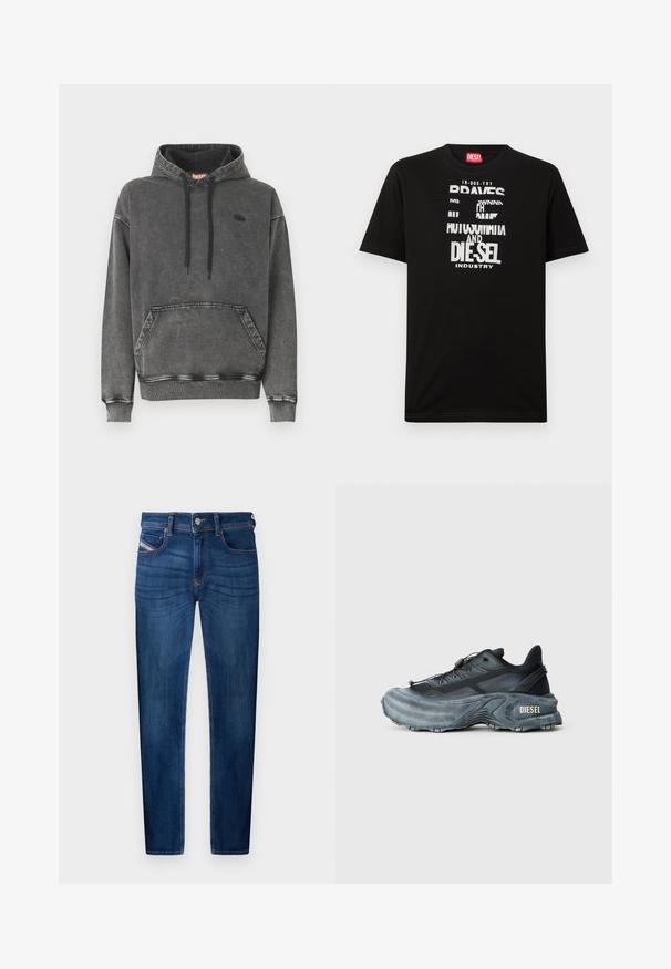 Grijze denim hoodie met een voorzak, zwarte trekkoorden en een subtiel logo op de borst. Voorzien van geribbelde manchetten en zoom.; Zwart katoenen T-shirt met opvallende witte tekstgrafieken, waaronder "DIESEL" en "INDUSTRY", met een ronde hals en korte mouwen.; Donkerblauwe spijkerbroeken met rechte pijpen, vijf zakken, zichtbare stikseldetails en een metalen knoopsluiting.; Zwarte en grijze Diesel sneakers met dikke zool, vetersluiting en gestructureerd ontwerp op een effen lichtgrijze achtergrond.