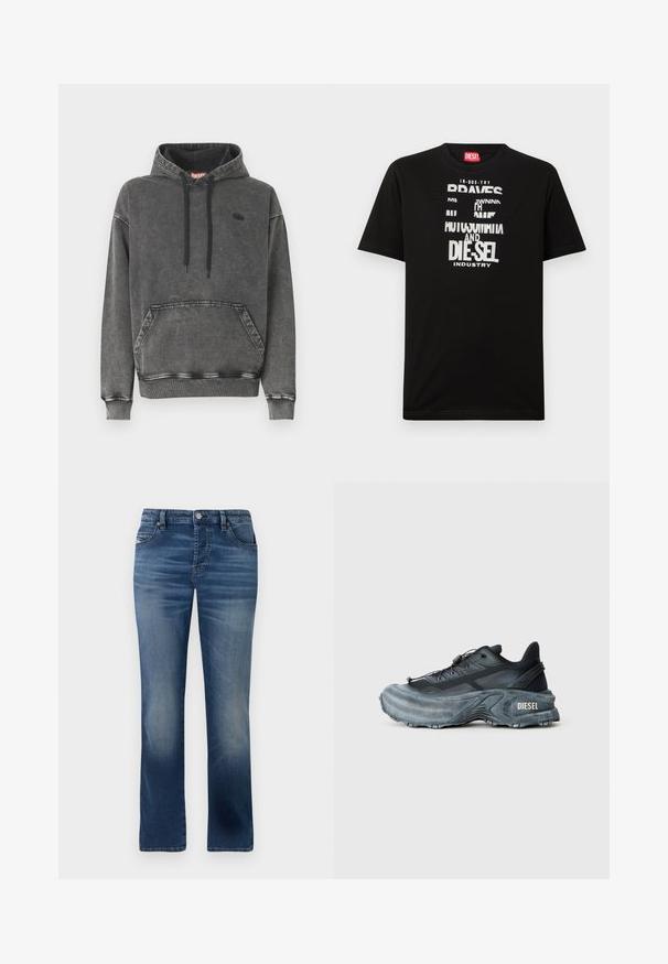Grå denim-hoodie med frontlomme, sorte snore og en diskret logo på brystet. Har ribstrikkede manchetter og kant.; Sort bomulds-T-shirt med fed hvide tekstgrafik, herunder "DIESEL" og "INDUSTRY", med rund halsudskæring og korte ærmer.; Mørkeblå denimbukser med lige ben-design, der har frontlommer, diskret falming og en klassisk knaplukning i taljen.; Sort og grå Diesel sneakers med tyk sål, snørrebåndslukning og tekstureret design på en ensfarvet lysegrå baggrund.