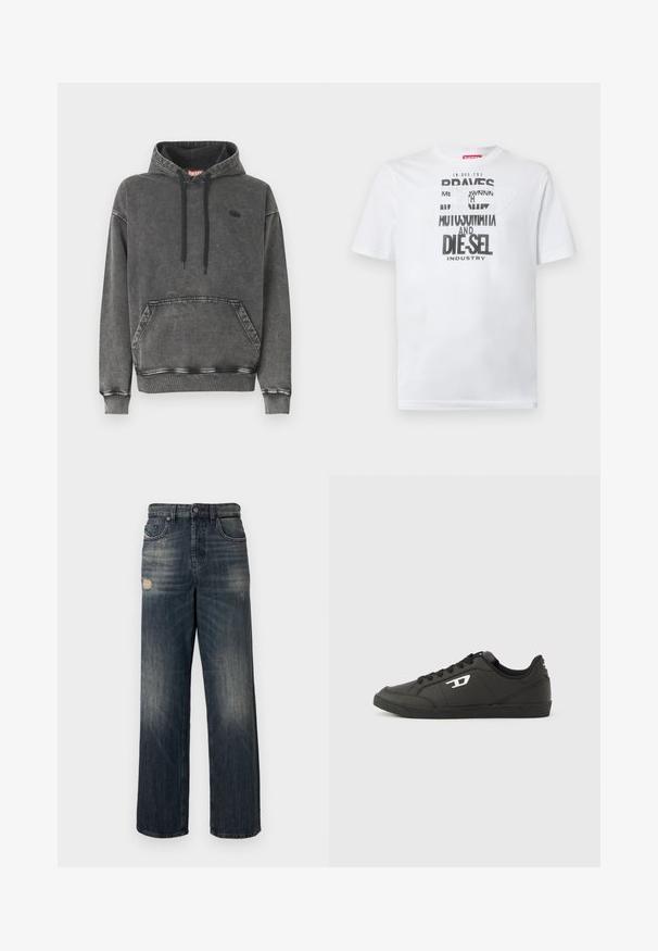 Hoodie en denim gris avec une poche avant, des cordons noirs et un logo discret sur la poitrine. Comprend des poignets et un ourlet côtelés.; T-shirt en coton blanc avec une typographie noire audacieuse affichant les mots "BRAVES" et "DIE-SEL INDUSTRY" ainsi qu'un design découpé semi-transparent.; Jean en denim bleu coupe décontractée, avec des détails usés et un lavage délavé, cinq poches et une fermeture éclair.; Baskets synthétiques noires avec une semelle noire texturée, un bout rond et des lacets plats noirs. Logo blanc remarquablement placé sur le côté extérieur.