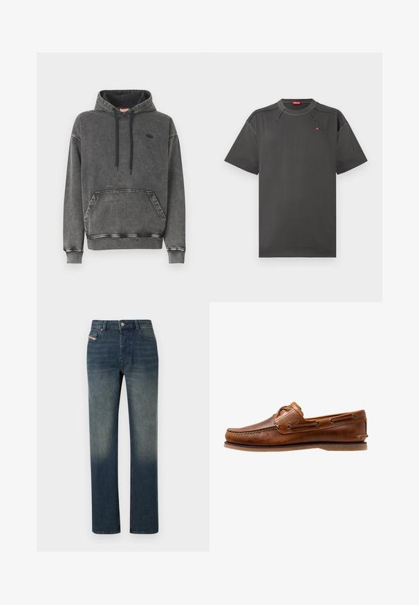 Grijze denim hoodie met een voorzak, zwarte trekkoorden en een subtiel logo op de borst. Voorzien van geribbelde manchetten en zoom.; Donkergrijze Diesel t-shirt met korte mouwen, contrasterende stikken en een klein rood logo op de borst en binnen de kraag.; Blauwe denim jeans met rechte pijpen, een vervaagde wassing, knoop- en ritssluiting aan de voorkant, en een ontwerp met vijf zakken.; Brown leren botenschoen met gestikte accenten, voorzien van metalen oogjes, een verhoogde naad op de neus en een platte rubberen zool.