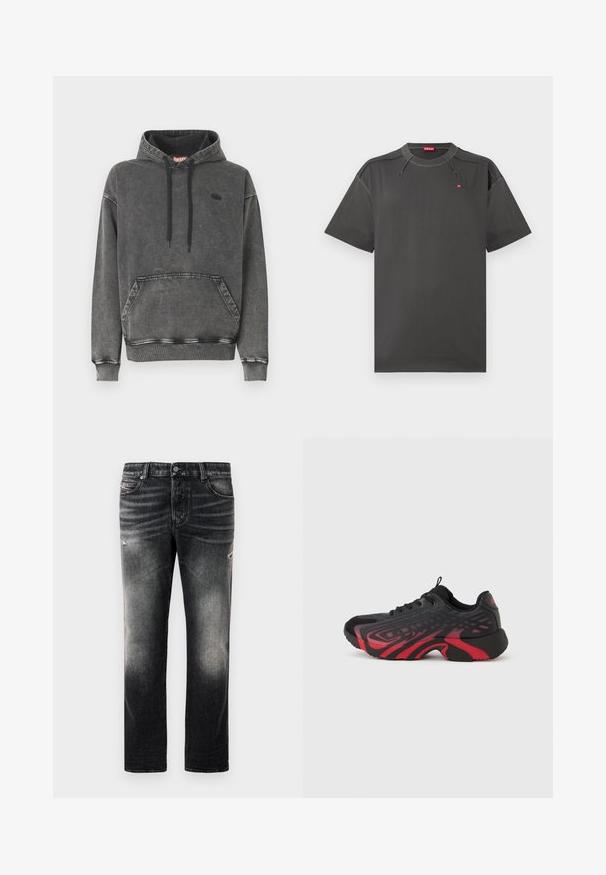 Grijze denim hoodie met een voorzak, zwarte trekkoorden en een subtiel logo op de borst. Voorzien van geribbelde manchetten en zoom.; Donkergrijze Diesel t-shirt met korte mouwen, contrasterende stikken en een klein rood logo op de borst en binnen de kraag.; Zwarte jeans met een vervaagde afwerking en versleten accenten, standaard vijf-pocket ontwerp en een ritssluiting. Gemaakt van denimstof.; Zwart-rode sportieve schoen met een textuur bovenwerk met patroondetails, veter sluiting en een dikke rubberen zool.