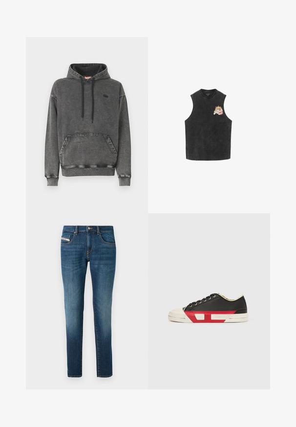 Hoodie en denim gris avec une poche avant, des cordons noirs et un logo discret sur la poitrine. Comprend des poignets et un ourlet côtelés.; Haut noir sans manches avec logo floral coloré "AllSaints Rock" sur la partie supérieure gauche de la poitrine, présentant une texture de tissu légèrement délavée.; Jean en denim bleu foncé avec un léger délavage, coupe droite, cinq poches et des détails de couture contrastés.; Baskets en toile noire avec des accents rouges, un bout en caoutchouc et une semelle blanche. Elles présentent des lacets noirs et un design texturé sur le côté.