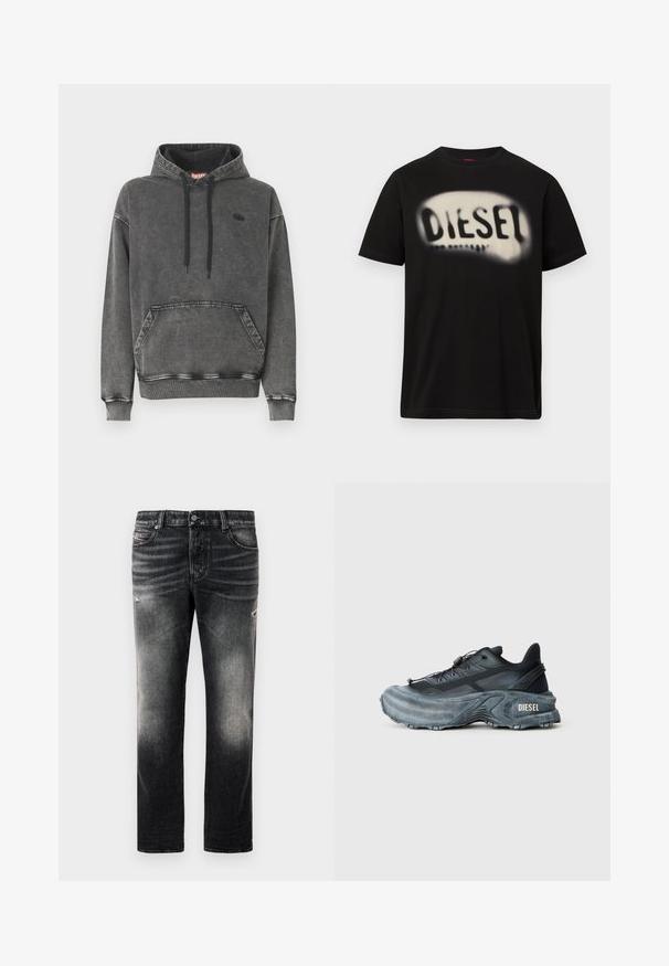Hoodie en denim gris avec une poche avant, des cordons noirs et un logo discret sur la poitrine. Comprend des poignets et un ourlet côtelés.; T-shirt en coton noir avec un grand logo blanc flou portant le mot "DIESEL" sur le devant. Manches courtes, col rond.; Jean noir avec une finition délavée et des accents usés, design standard à cinq poches, et fermeture éclair. Fabriqué en tissu denim.; Baskets Diesel noires et grises avec semelle épaisse, système de laçage à bascule et design texturé sur fond gris clair uni.