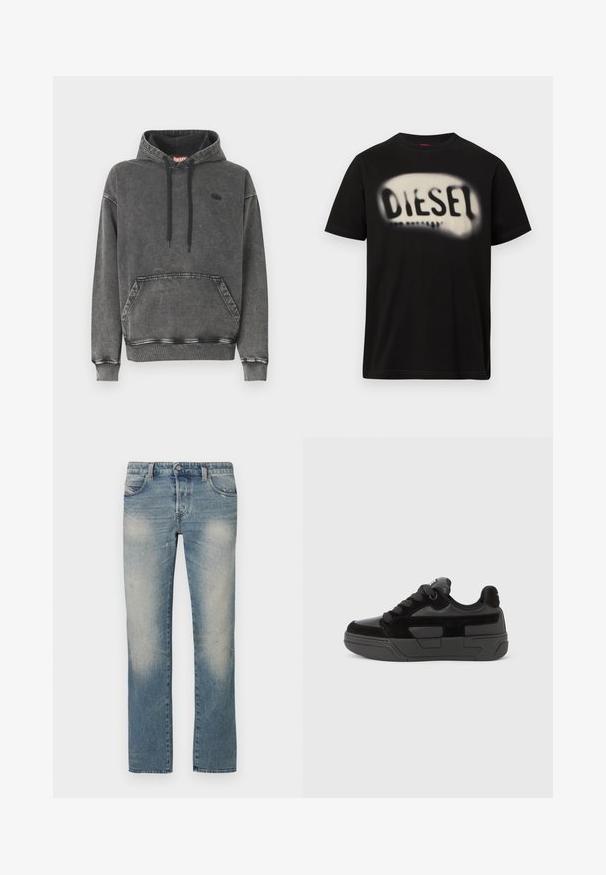 Hoodie en denim gris avec une poche avant, des cordons noirs et un logo discret sur la poitrine. Comprend des poignets et un ourlet côtelés.; T-shirt en coton noir avec un grand logo blanc flou portant le mot "DIESEL" sur le devant. Manches courtes, col rond.; Jean droit en denim bleu clair avec zones délavées, cinq poches et fermeture à bouton. Le tissu présente de légers effets d'usure et des marques d'usure.; Baskets noires en mélange de matériaux lisses et texturés, dotées d'un bout rond, d'une semelle épaisse et d'une fermeture à lacets. Design minimaliste avec des accents.