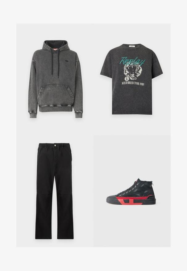 Sudadera con capucha de mezclilla gris con un bolsillo frontal, cordones negros y un logo sutil en el pecho. Presenta puños y dobladillo acanalados.; Camiseta negra lavada con texto en verde azulado "Replay", gráfico de un tigre rugiente y texto blanco "Wild Breed Tour 1981" abajo.; Pantalones negros de algodón con una cintura elástica, que cuentan con un diseño de pierna recta, textura suave y sin acentos ni patrones visibles.; Zapatilla alta negra con detalles en rojo y un acabado envejecido. Presenta una parte superior de lona texturizada y una suela de goma con un diseño recortado.
