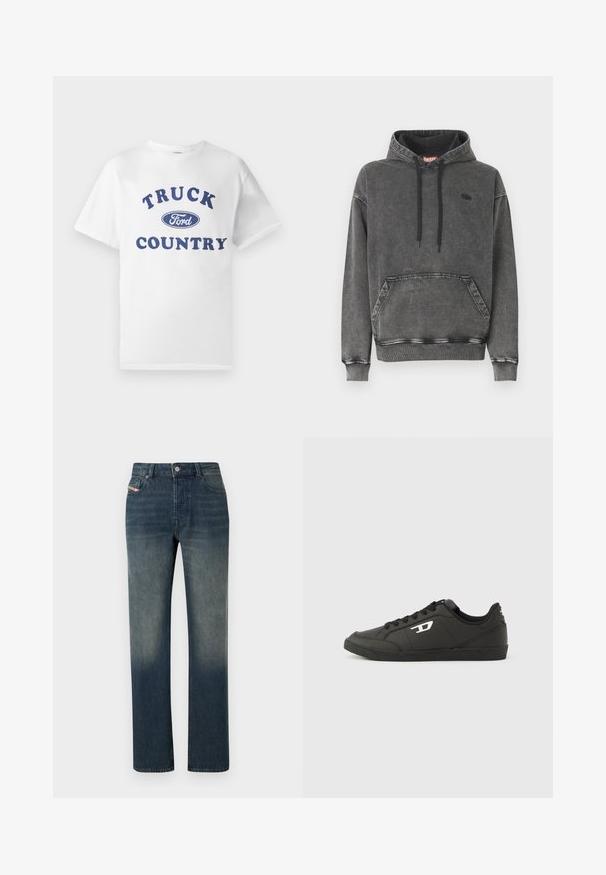 Grå denim-hoodie med frontlomme, sorte snore og en diskret logo på brystet. Har ribstrikkede manchetter og kant.; Hvid bomulds t-shirt med blå trykt tekst "TRUCK COUNTRY" og et blåt ovalt "Ford"-logo i midten. Korte ærmer og rund hals.; Blå denimjeans med lige ben, falmet vask, forreste knap- og lynlås lukning samt fem-lomme design.; Sorte syntetiske sneakers med en struktureret sort sål, rund tå og flade sorte snørebånd. Fremtrædende hvidt logo på ydersiden.