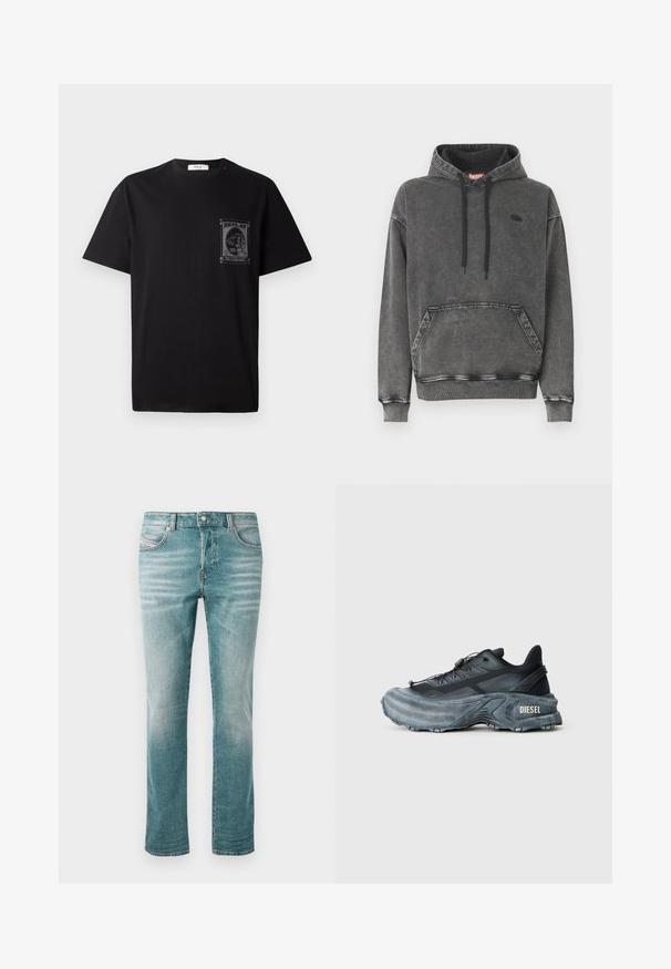 Grauer Denim-Kapuzensweatshirt mit einer Vordertasche, schwarzen Kordeln und einem dezenten Logo auf der Brust. Verfügt über gerippte Bündchen und Saum.; Schwarz Baumwoll-T-Shirt mit kurzen Ärmeln, ausgestattet mit einem grafischen Druck auf der linken Brust und einem kleinen roten Akzent am Halsauschnitt.; Hellblaue Jeans aus Denim mit geradem Schnitt, fünf Taschen, dezentem Used-Look und klassischem Knopfverschluss an der Taille.; Schwarz- und graue Diesel-Sneaker mit dicker Sohle, Schnürverschluss und strukturiertem Design auf einem schlichten hellgrauen Hintergrund.