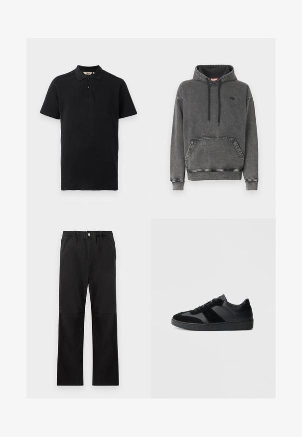Grå denim-hoodie med frontlomme, sorte snore og en diskret logo på brystet. Har ribstrikkede manchetter og kant.; Sort polo shirt lavet af tekstureret bomuld. Har en to-knaps placket, korte ærmer og et diskret broderet logo på brystet.; Sorte bukser lavet af bomuld med elastisk talje, med et lige ben-design, glat tekstur og uden synlige detaljer eller mønstre.; Sorte sneakers med en kombination af glat læder og ruskind, med en tekstureret sort gummisål og subtil stripingdetalje.