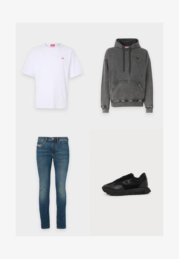 Grauer Denim-Kapuzensweatshirt mit einer Vordertasche, schwarzen Kordeln und einem dezenten Logo auf der Brust. Verfügt über gerippte Bündchen und Saum.; Weißes Baumwoll-T-Shirt mit kurzen Ärmeln, Rundhalsausschnitt und einem kleinen roten rechteckigen Diesel-Logo auf der linken Brust.; Blaue Denim-Jeans im Slim-Fit, mit einem Knopfverschluss, klassischem Fünf-Taschen-Design und leichten Abnutzungserscheinungen an den Beinen für einen getragenen Look.; Schwarzer Low-Top-Sneaker mit strukturierter Sohle, Mesh- und Lederoberseite, Schnürung vorne und kleinem eingeprägtem Logo auf dem Seitenpanel.