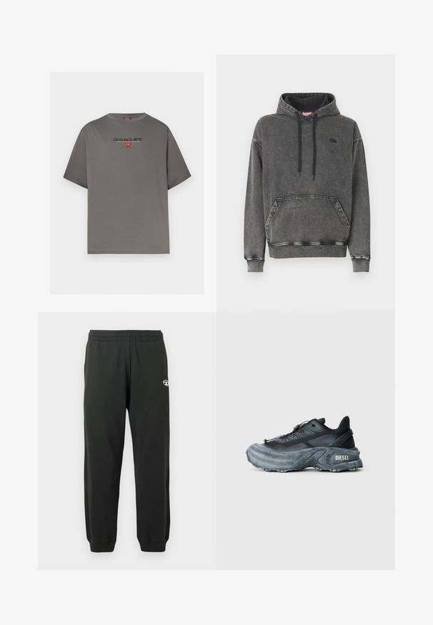 Hoodie en denim gris avec une poche avant, des cordons noirs et un logo discret sur la poitrine. Comprend des poignets et un ourlet côtelés.; T-shirt gris à manches courtes avec le logo "OAKLEY" et un petit graphisme rouge centré sur la poitrine, présenté sur un fond blanc uni.; Pantalons de jogging noirs en tissu doux et extensible, avec une taille élastique et des poignets côtelés. Présente un petit logo sur la cuisse.; Baskets Diesel noires et grises avec semelle épaisse, système de laçage à bascule et design texturé sur fond gris clair uni.