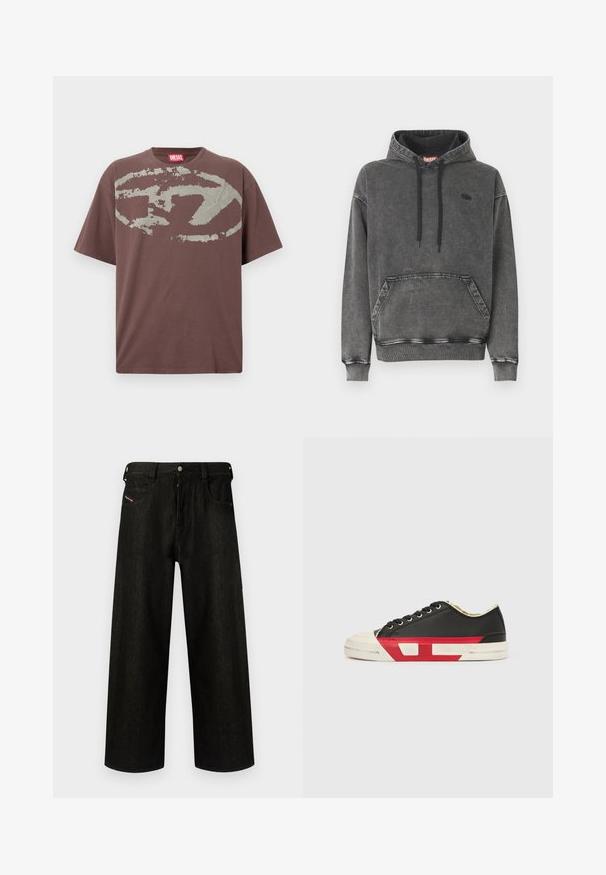 Hoodie en denim gris avec une poche avant, des cordons noirs et un logo discret sur la poitrine. Comprend des poignets et un ourlet côtelés.; T-shirt marron à manches courtes avec un grand graphique ovale gris usé et une étiquette de marque Diesel rouge à l'intérieur du col.; Jean noir à jambes larges en denim, présentant une fermeture éclair, cinq poches et un branding discret sur la poche avant. Tissu durable et texturé.; Baskets en toile noire avec des accents rouges, un bout en caoutchouc et une semelle blanche. Elles présentent des lacets noirs et un design texturé sur le côté.