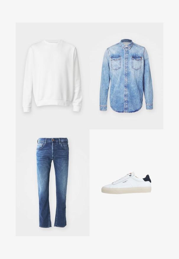 Weißes Crewneck-Sweatshirt aus weichem Baumwollstoff. Lange Ärmel, gerippte Bündchen und Saum, glatte Textur und minimalistisches Design.; Hellblaues Denimhemd mit langen Ärmeln, Button-Down-Kragen, zwei Brusttaschen und kontrastierenden Nähten. Abgerundeter Saum und klassische Passform.; Dunkelblaue Jeans aus Denim mit geradem Bein, ausgestattet mit fünf Taschen, einem braunen Knopfverschluss und dezenten hellen Verfärbungen an den Oberschenkeln.; Weißer Sneaker in niedriger Schnittform mit beiger Sohle, weißen Schnürsenkeln, schwarzem Fersenlasche und dem "Pepe Jeans London"-Logo an der Seite.