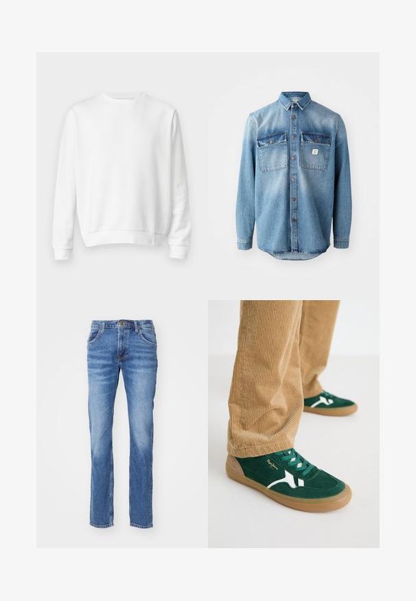 Λευκή μπλούζα crewneck από μαλακό βαμβακερό ύφασμα. Μακριά μανίκια, ribbed μανσέτες και στρίφωμα, ομαλή υφή και μινιμαλιστικός σχεδιασμός.; Ανοιχτό μπλε τζιν πουκάμισο με μακριά μανίκια, δύο τσέπες στο στήθος, κλείσιμο με κουμπιά μπροστά και αντίθετα πιο σκούρα χείλη τσέπης. Διαθέτει στρογγυλή τελείωση.; Μπλε τζιν παντελόνι με ίσια γραμμή, πέντε τσέπες και κουμπί κλεισίματος. Ελαφρώς ξεθωριασμένη υφή για μια φθαρμένη εμφάνιση.; Πράσινα σουέτ αθλητικά παπούτσια με λευκές λεπτομέρειες και πράσισα κορδόνια. Ραμμένο πάτο, στρογγυλή μύτη και καφέ λεπτομέρειες στην φτέρνα. Φοριούνται με βελουτέ παντελόνια.