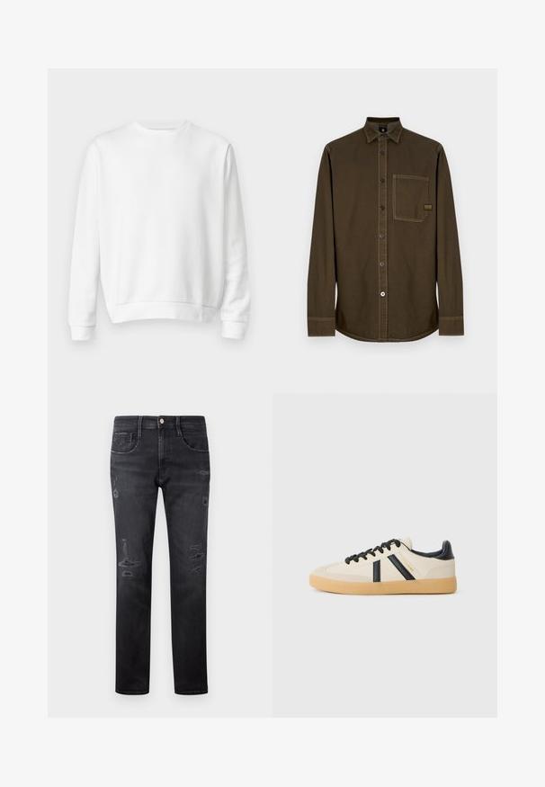 Sweatshirt blanc à col rond fabriqué en coton doux. Manches longues, poignets et ourlet côtelés, texture lisse et design minimaliste.; Chemise boutonnée à manches longues de couleur marron foncé avec col, poche poitrine unique et coutures visibles sur fond blanc.; Jeans en denim noir à coupe droite, avec des patchs déchirés, cinq poches, un petit bouton en métal et des passants de ceinture à la taille.; Baskets décontractées en crème avec des rayures noires, présentant un dessus texturé et une semelle en caoutchouc. Les lacets sont noirs. Logo discret sur le côté.