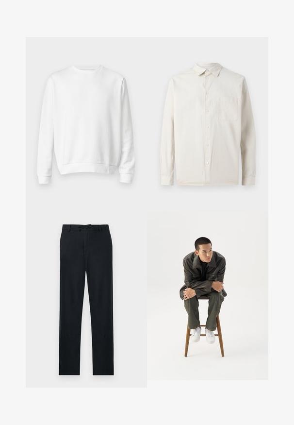 Valkoinen crewneck-huppari, joka on valmistettu pehmeästä puuvillakankaasta. Pitkät hihat, ribbaatut hihansuut ja helma, sileä pinta ja minimalistinen muotoilu.; Samsøe Samsøe SADAMON - Vapaa-ajan kauluspaita - off white; Mustat housut, jotka on valmistettu kevyestä materiaalista, suoran leikkauksen, säädettävän narukorsetin vyötärön ja kahden sivutaskun kanssa.; Nuori mies tummassa nahkatakissa ja farkuissa istuu puisella jakkaralla, nojaa eteenpäin käsivarret ristissä ja katsoo sivulle valkoista taustaa vasten.