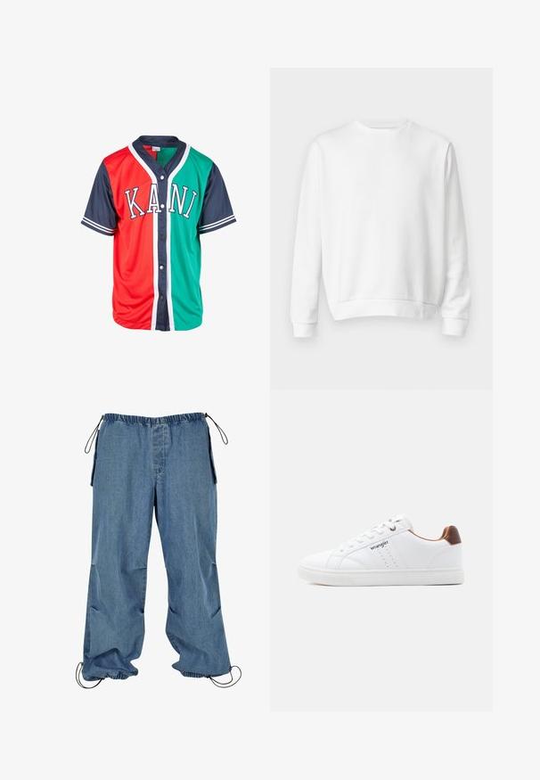 Valkoinen crewneck-huppari, joka on valmistettu pehmeästä puuvillakankaasta. Pitkät hihat, ribbaatut hihansuut ja helma, sileä pinta ja minimalistinen muotoilu.; Lyhythihainen napitettava paita, jossa on punaiset, vihreät ja laivastonsiniset paneelit, valkoiset reunukset ja "KANI"-teksti rinnassa.; Vaaleansiniset farkut, joissa on joustava vyötärö, nyörikiristyslahkeet ja sivutaskut. Kangas näyttää pehmeältä ja hieman haalistuneelta.; Valkoinen matala tennarikenkä, jossa valkoiset nauhat, rei'itetyt yksityiskohdat, "Wrangler"-logo sivussa ja ruskea kantakoriste yksivärisellä taustalla.