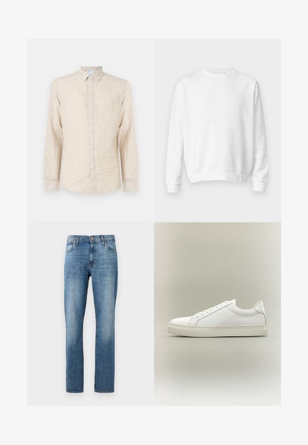 Hvid crewneck sweatshirt lavet af blødt bomuldsstof. Lange ærmer, ribbede manchetter og kant, glat tekstur og minimalistisk design.; Beige langærmet skjorte lavet af struktureret stof, med en klassisk krave, knaplukning og en afslappet pasform.; Blå lige ben denimjeans med fem lommer, knap- og lynlås-lukning, præsenteret mod en ensfarvet hvid baggrund.; Hvid lavtop sneaker med snørebånd foran og tyk sål, vist fra siden mod en neutral baggrund.