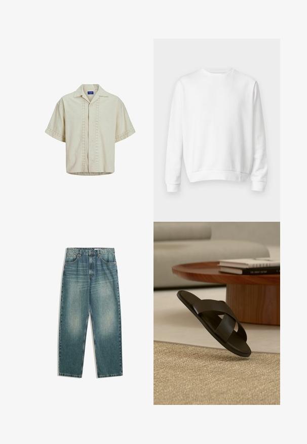 Sweatshirt blanc à col rond fabriqué en coton doux. Manches longues, poignets et ourlet côtelés, texture lisse et design minimaliste.; Chemise à manches courtes en lin beige avec un devant boutonné, présentant des détails en œillets le long du centre et des poignets. Ourlet droit.; Jean en denim bleu clair avec taille haute, coupe large et décoloration subtile ; possède cinq poches et des finitions en métal.; Sandale slide en cuir noir avec larges brides croisées sur un tapis beige, près d'une table basse ronde en bois avec des livres empilés.