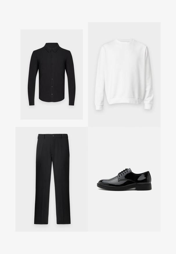 Sweatshirt blanc à col rond fabriqué en coton doux. Manches longues, poignets et ourlet côtelés, texture lisse et design minimaliste.; Chemise noire à manches longues en tissu doux, avec un devant boutonné, un col classique et des poignets boutonnés. Texture lisse sans motifs.; Pantalons noirs avec une coupe droite, fermeture à bouton et passants de ceinture, avec une texture lisse et sans motifs ni accents visibles.; Chaussure habillée en cuir noir brillant à lacets, bout arrondi et talon bas, vue de côté sur fond blanc.