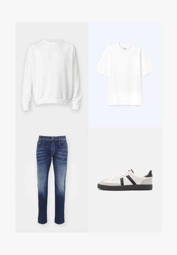 Weißes Crewneck-Sweatshirt aus weichem Baumwollstoff. Lange Ärmel, gerippte Bündchen und Saum, glatte Textur und minimalistisches Design.; Schlichtes weißes T-Shirt mit kurzen Ärmeln und Rundhalsausschnitt in entspannter Passform, auf hellem Hintergrund dargestellt.; Dunkelblaue Jeans aus Denim mit geradem Bein, leichter Ausbleichung, fünf Taschen, Knopfverschluss und genähten Akzenten entlang der Nähte.; Weiße Sneaker mit schwarz- und grau-aczenten, ausgestattet mit einer strukturierten grauen Zehenkappe, schwarzer Gummi-Sohle und flachen weißen Schnürsenkeln. Sauberes Design, minimalistische Stil.